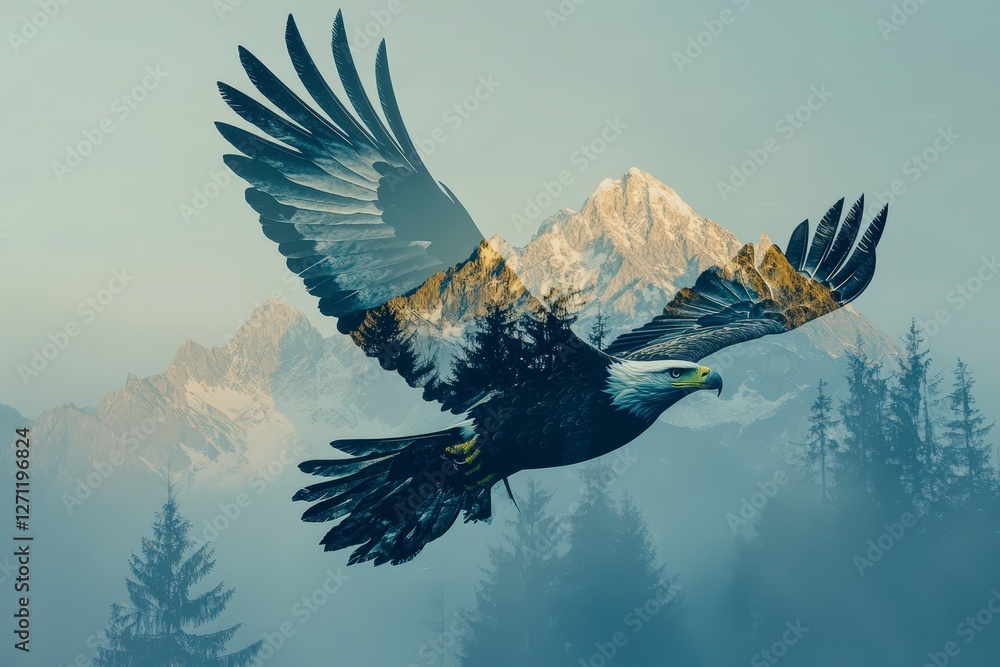 Obraz premium Majestic Eagle Soaring Over Mountainous Landscape in Soft Focus