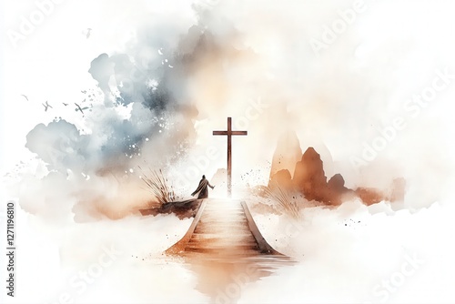 Faith Journey: Cross Silhouette in Watercolor Landscape Reflects Spirituality and Hope