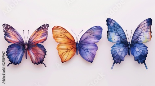 Butterfly illustration set with blue, purple, and orange tones, detailed wings on a clean white background