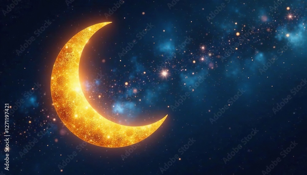 Radiant gold glitter crescent moon in a starry night sky, galaxy, sparkles, shine Radiant gold glitter crescent moon in a starry night sky, galaxy, sparkles, shine