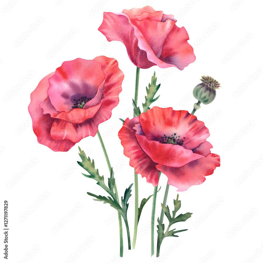The poppies are red, on a white background. Watercolor illustration wildflowers, poppies, buds, leaves and stems. Hand-painted botanical flower clipart, floral design elements The poppies are red, on a white background. Watercolor illustration wildflowers, poppies, buds, leaves and stems. Hand-painted botanical flower clipart, floral design elements