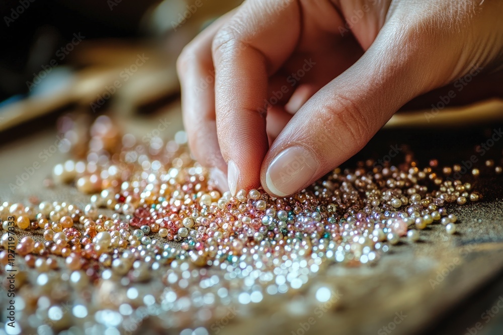 Delicate Hand Selecting Colorful Beads on Wooden Background Delicate Hand Selecting Colorful Beads on Wooden Background