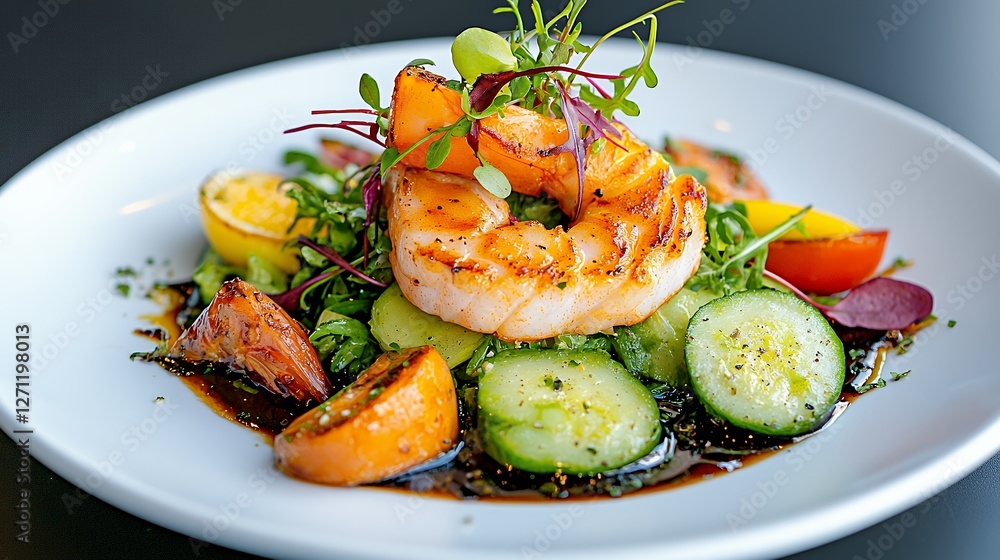 Succulent Grilled Shrimp Salad with Fresh Vegetables and a Rich Sauce, Artfully Arranged on a Pristine White Plate, a Culinary Delight for the Senses Succulent Grilled Shrimp Salad with Fresh Vegetables and a Rich Sauce, Artfully Arranged on a Pristine White Plate, a Culinary Delight for the Senses