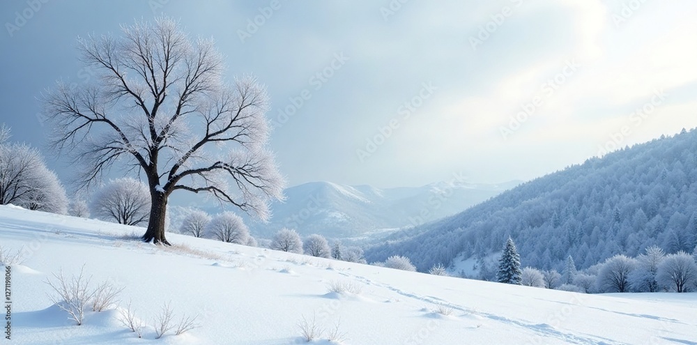 Snowy landscape with bare trees and distant hills, frosty, peaceful, barren Snowy landscape with bare trees and distant hills, frosty, peaceful, barren