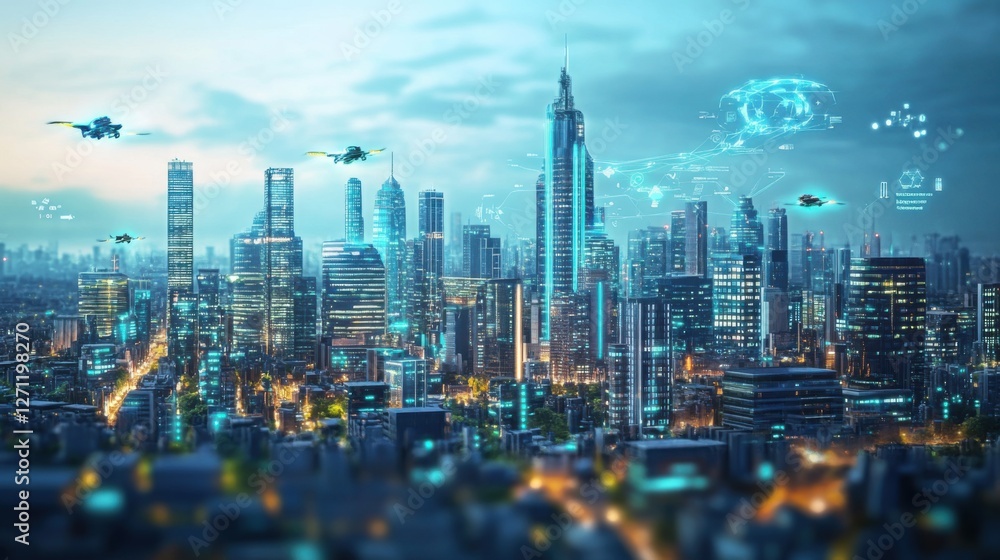 Fototapeta premium bustling cityscape with flying cars 