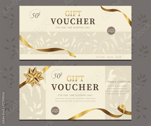 Vector set of luxury gift vouchers with golden ribbons and gift box. Elegant template for holiday gift card, coupon and certificate. Discount coupon template vector illustration EPS10