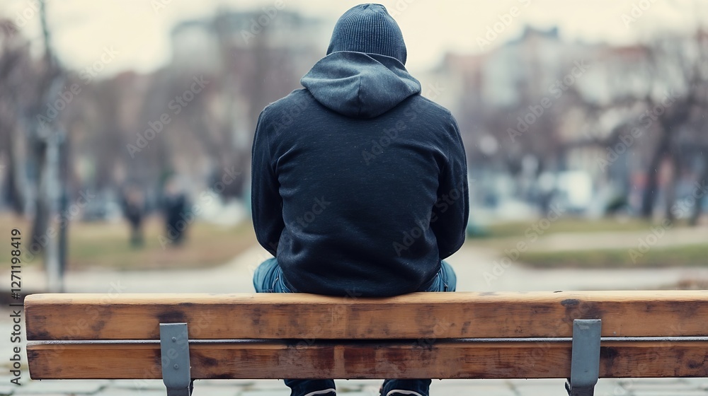 Solitary figure resting on a wooden bench in a quiet city park surrounded by bare trees and soft lighting : Generative AI Solitary figure resting on a wooden bench in a quiet city park surrounded by bare trees and soft lighting : Generative AI
