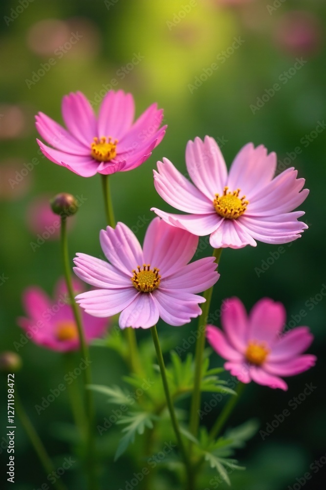 Delicate pink cosmos flowers in a lush green garden, garden blooms, pink cosmos flowers, colorful flowers Delicate pink cosmos flowers in a lush green garden, garden blooms, pink cosmos flowers, colorful flowers