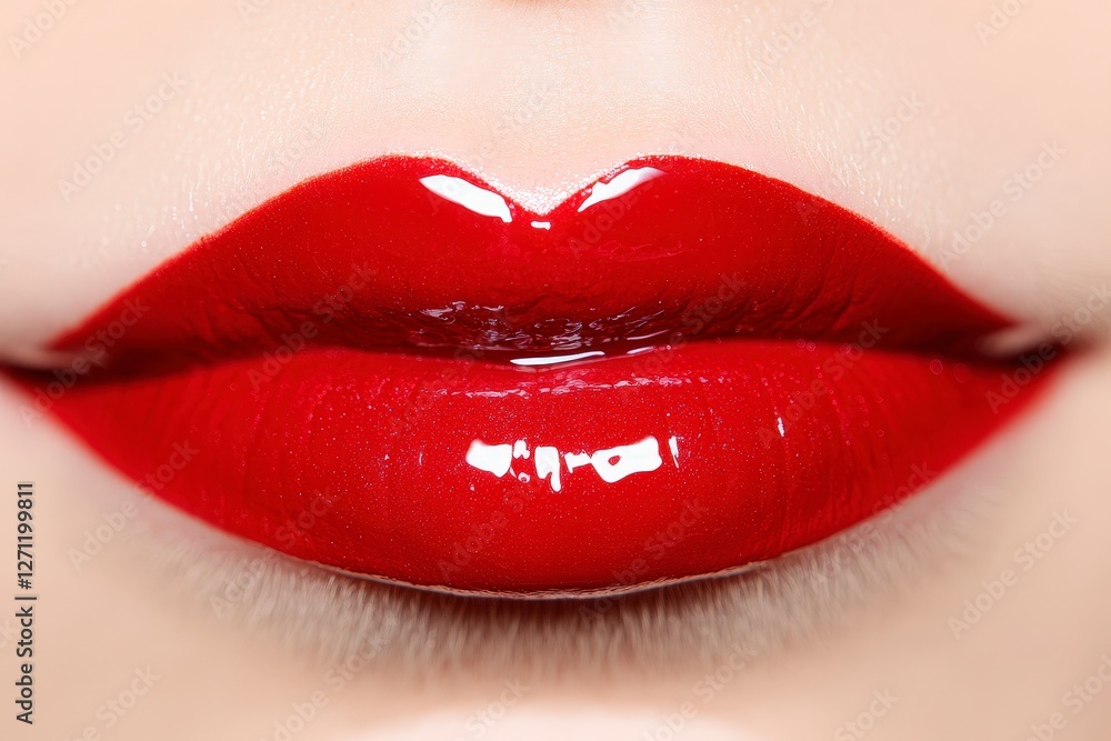 Obraz premium Glossy Red Lips Close-Up with Beautiful Shape and Shine