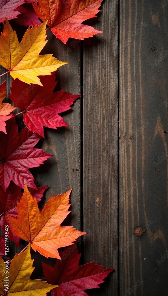Crimson and amber colored leaves on wooden plank background, autumn, leafy Crimson and amber colored leaves on wooden plank background, autumn, leafy