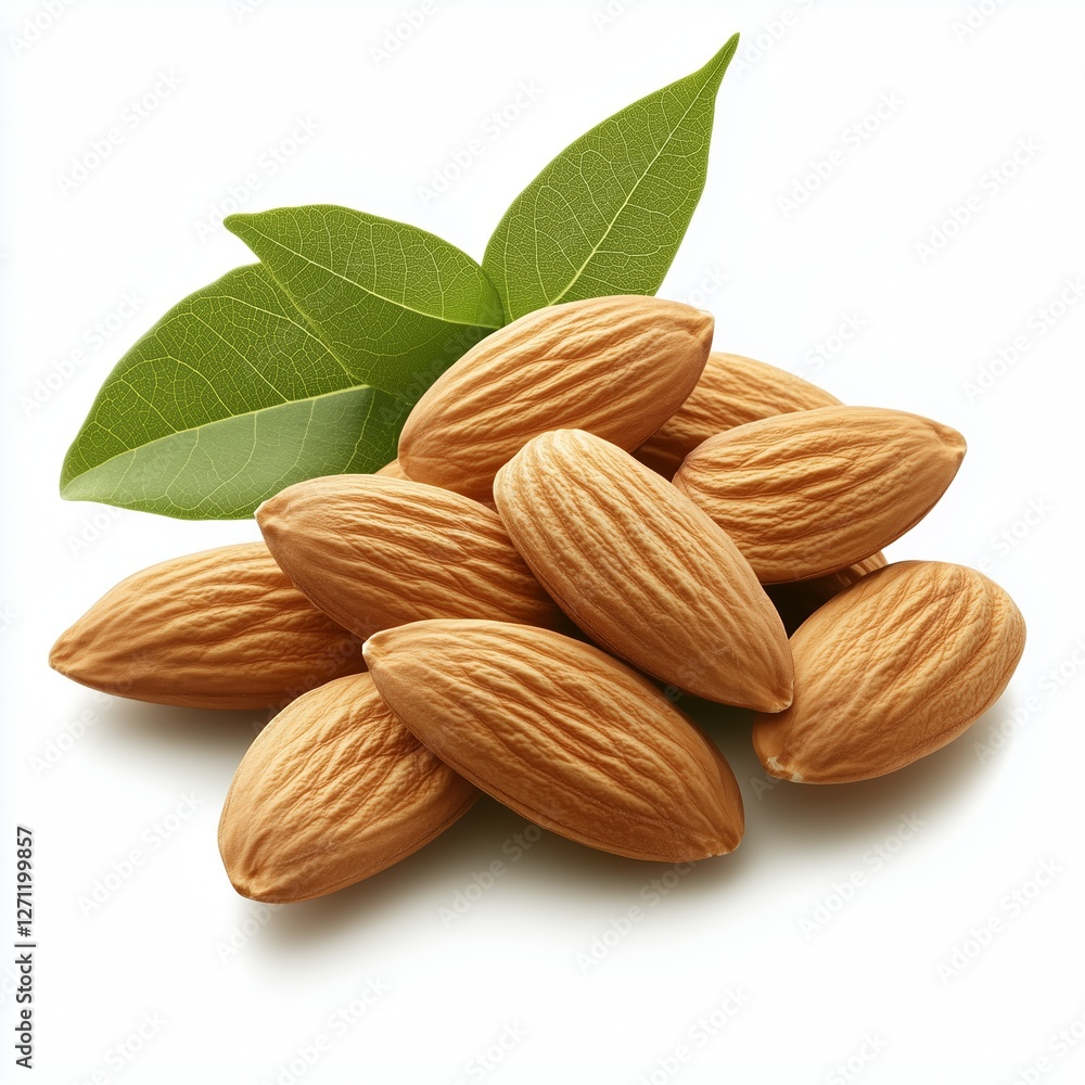A close-up of fresh almonds brown textured surface green leaves pure white background soft shadows high-resolution ultra-realistic isolated product photography. A close-up of fresh almonds brown textured surface green leaves pure white background soft shadows high-resolution ultra-realistic isolated product photography.