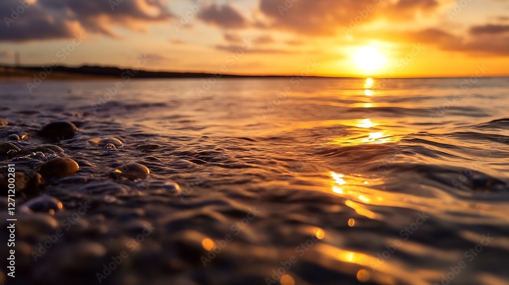 Obraz premium Serene Sunset Over Calm Waters with Gentle Waves and Golden Reflections : Generative AI