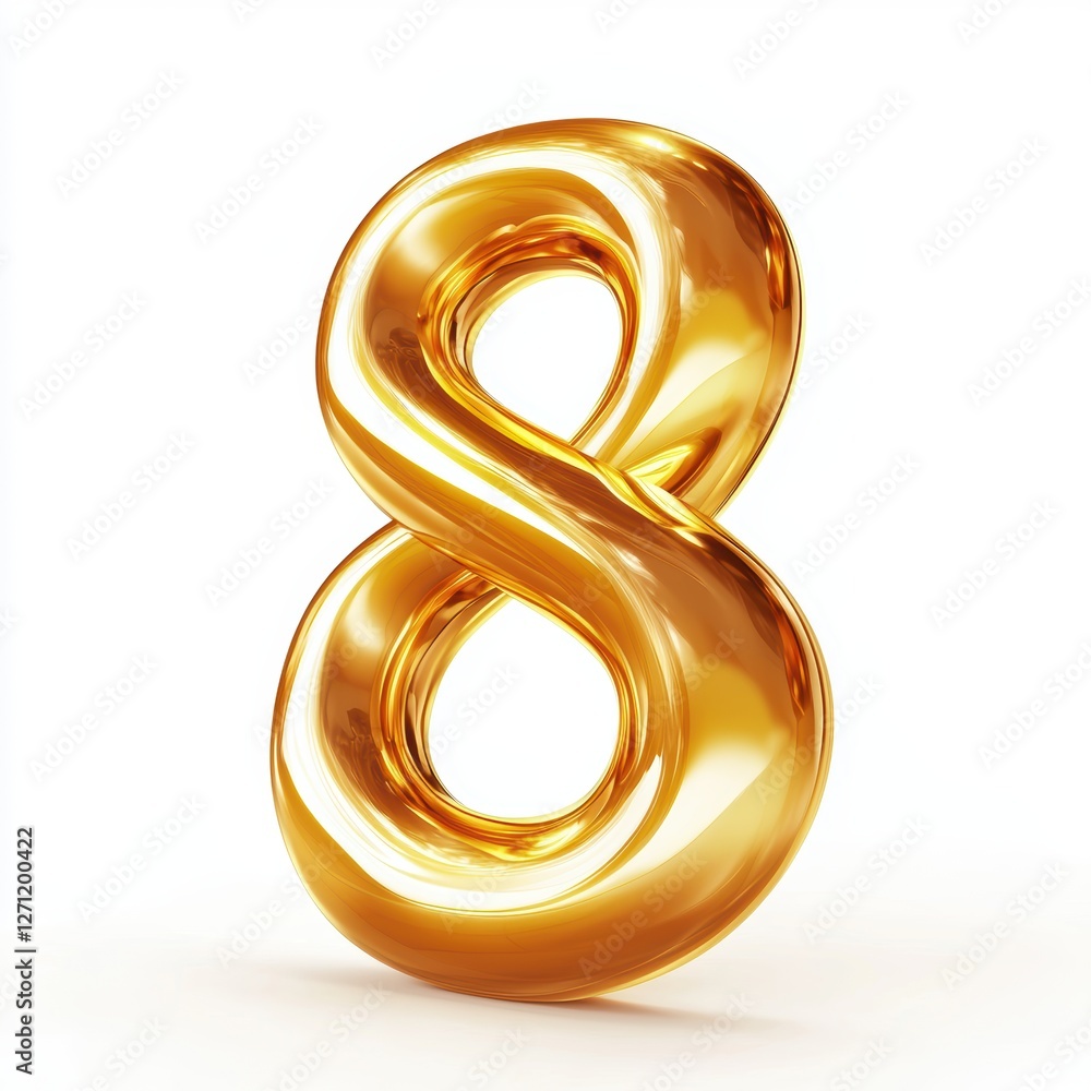 Golden number 8 with a shiny reflective surface for 8 March International Womens Day isolated on white Golden number 8 with a shiny reflective surface for 8 March International Womens Day isolated on white