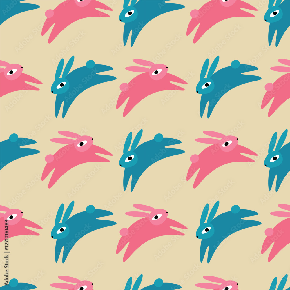 Naklejka premium Easter bunny seamless pattern. Pink and blue rabbits on a beige background. Cute vector illustration for background, fabric, card, kids clothing