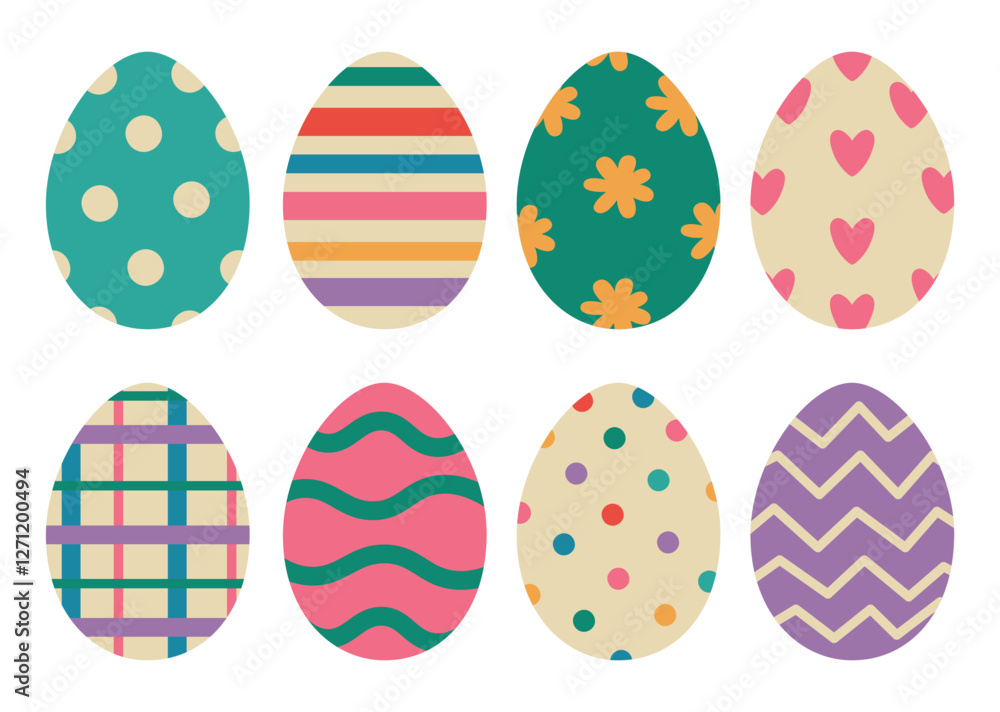 Easter egg set. Various eggs in pastel colors, polka dots, stripes, checkered. Vector illustration for background, print, greeting card and other holiday design. Easter egg set. Various eggs in pastel colors, polka dots, stripes, checkered. Vector illustration for background, print, greeting card and other holiday design.