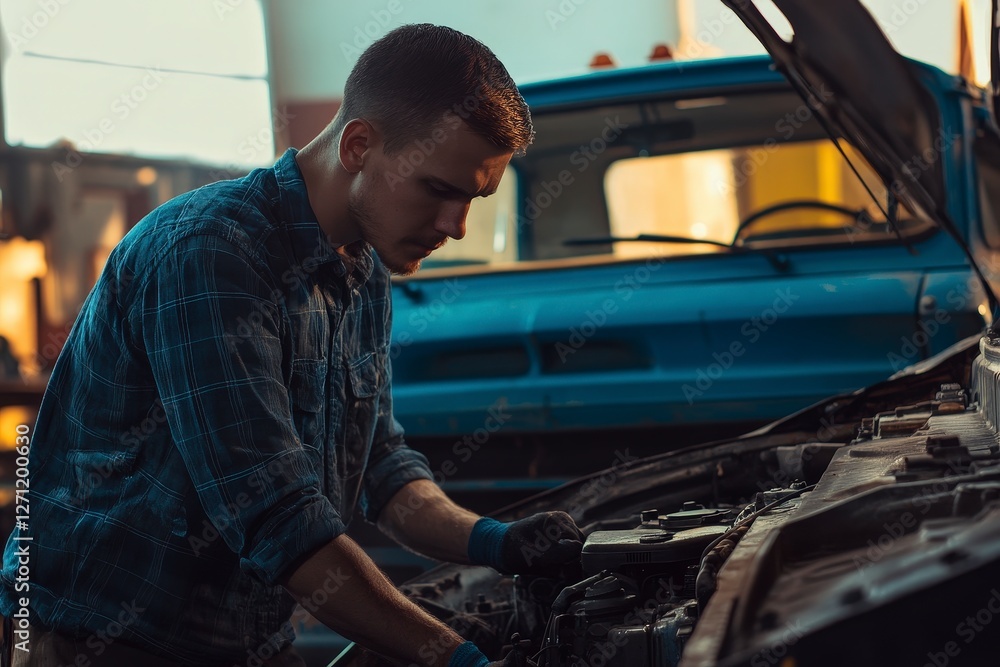 Mechanic Working on Engine of Classic Truck in Dim Workshop Mechanic Working on Engine of Classic Truck in Dim Workshop