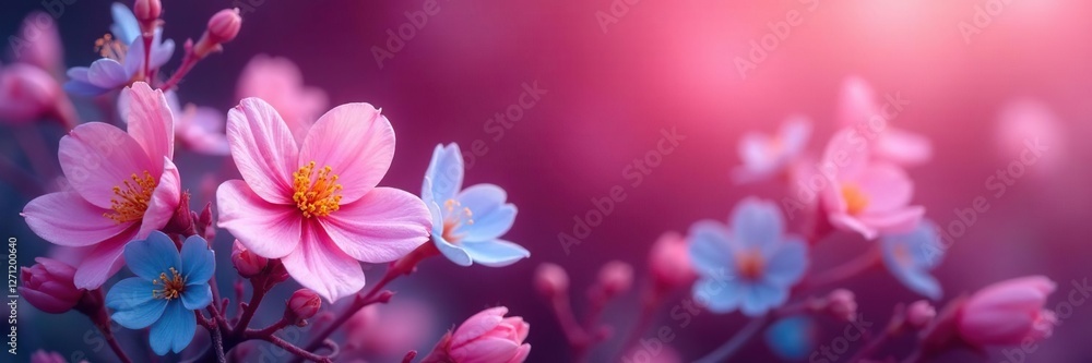 Colorful delicate flowers in shades of pink blue purple amidst a crimson red snowy background, pink, delicate, purple Colorful delicate flowers in shades of pink blue purple amidst a crimson red snowy background, pink, delicate, purple