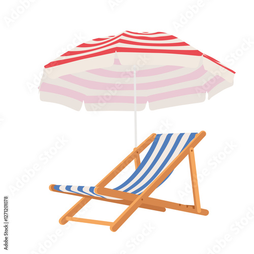 Folding beach chair with umbrella. Hand drawn beach and garden furniture. 