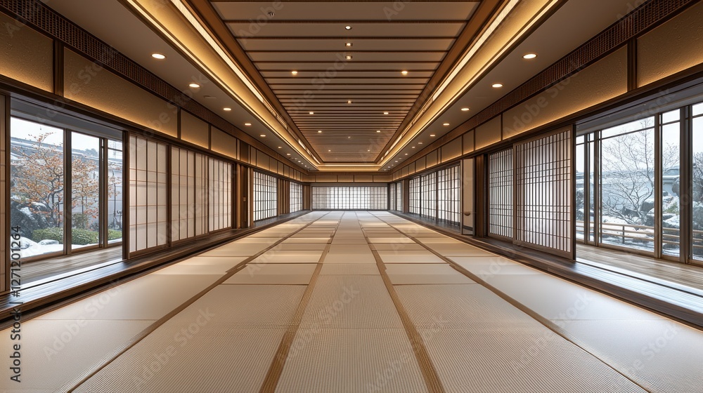 Obraz premium Tranquil Japanese tea room, winter view