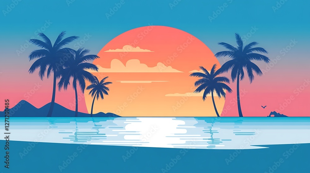 Fototapeta premium Tranquil Sunset Scene with Palm Trees on Beach