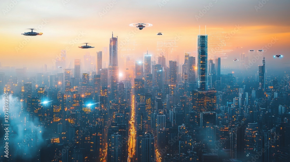 Fototapeta premium bustling cityscape with flying cars 
