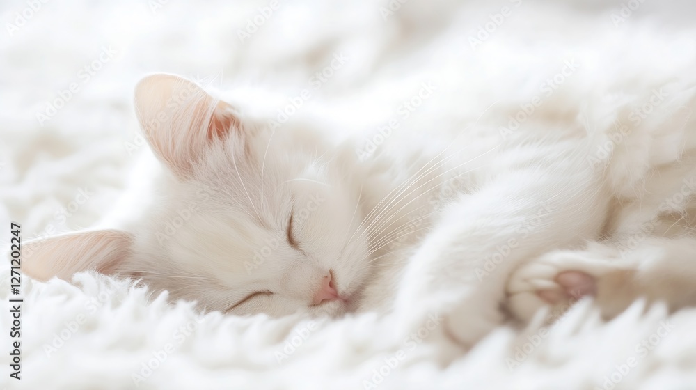 Adorable white kitten peacefully sleeping on a soft fluffy blanket in a serene indoor environment : Generative AI Adorable white kitten peacefully sleeping on a soft fluffy blanket in a serene indoor environment : Generative AI
