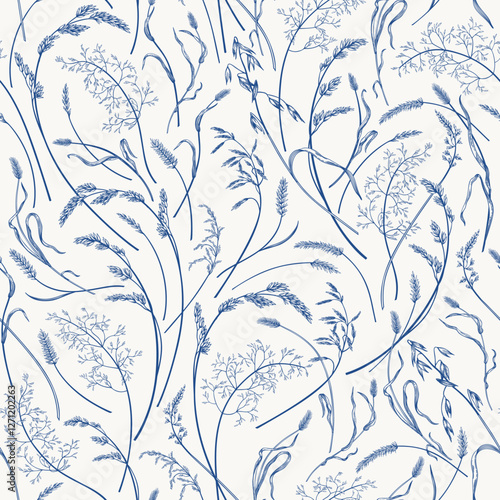 Seamless pattern with spikelets and herbs. Harvest festival. Toul de Jouy. Botanical illustration. Blue