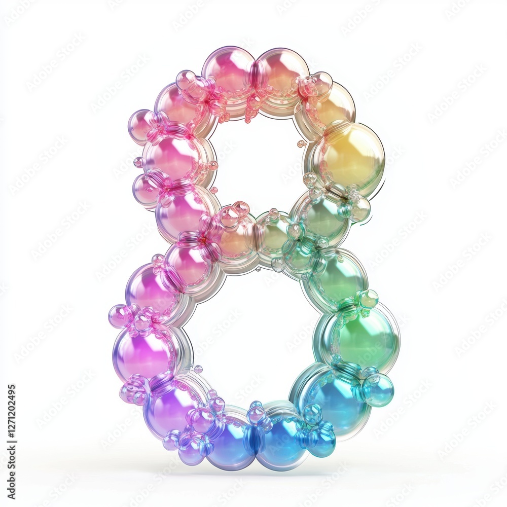 Number 8 designed from transparent bubbles with rainbow reflections on a clean white background for 8 March International Womens Day Number 8 designed from transparent bubbles with rainbow reflections on a clean white background for 8 March International Womens Day