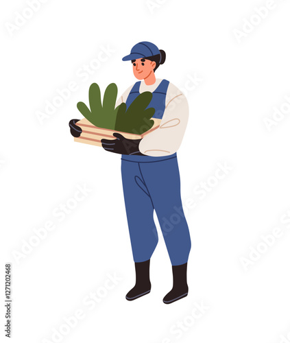 Farmer carries pot with sprouts for planting in seedbed, cultivation. Agriculture worker holds garden seedlings. Woman works, cares about plantation. Flat isolated vector illustration on white