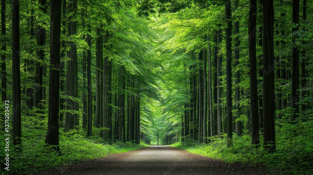 Obraz premium Sun Dappled Path Through Lush Green Forest