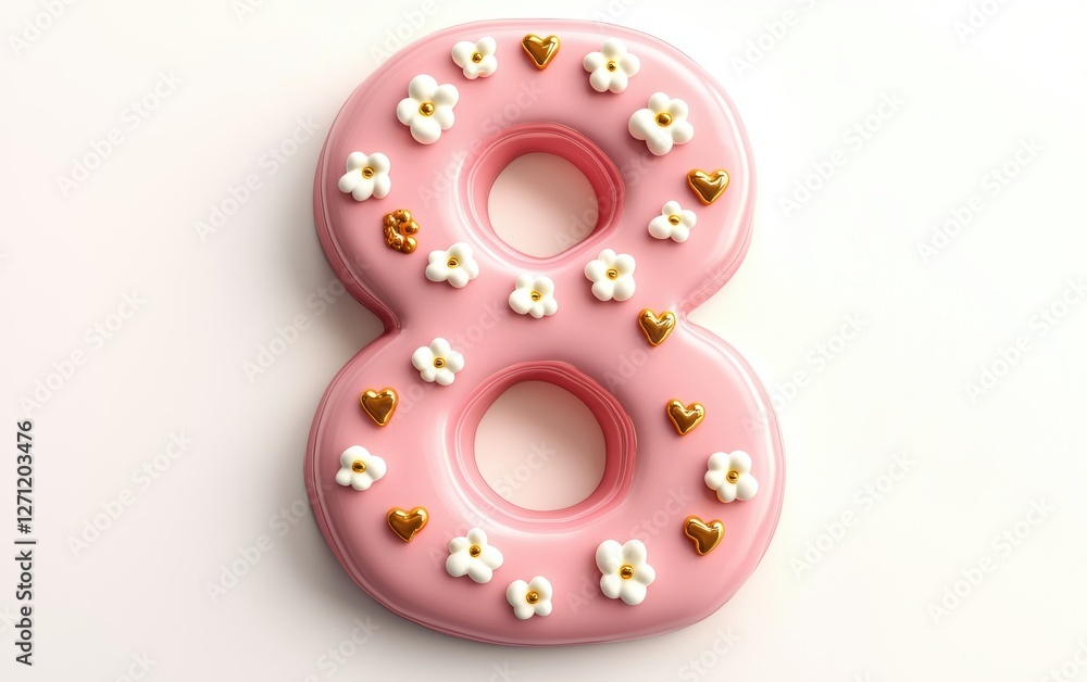 Obraz premium Number 8 sculpted from pink chocolate with tiny white flowers and golden hearts on a clean white background for 8 March International Womens Day