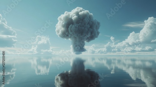 Mushroom cloud reflected in calm ocean under a blue sky.