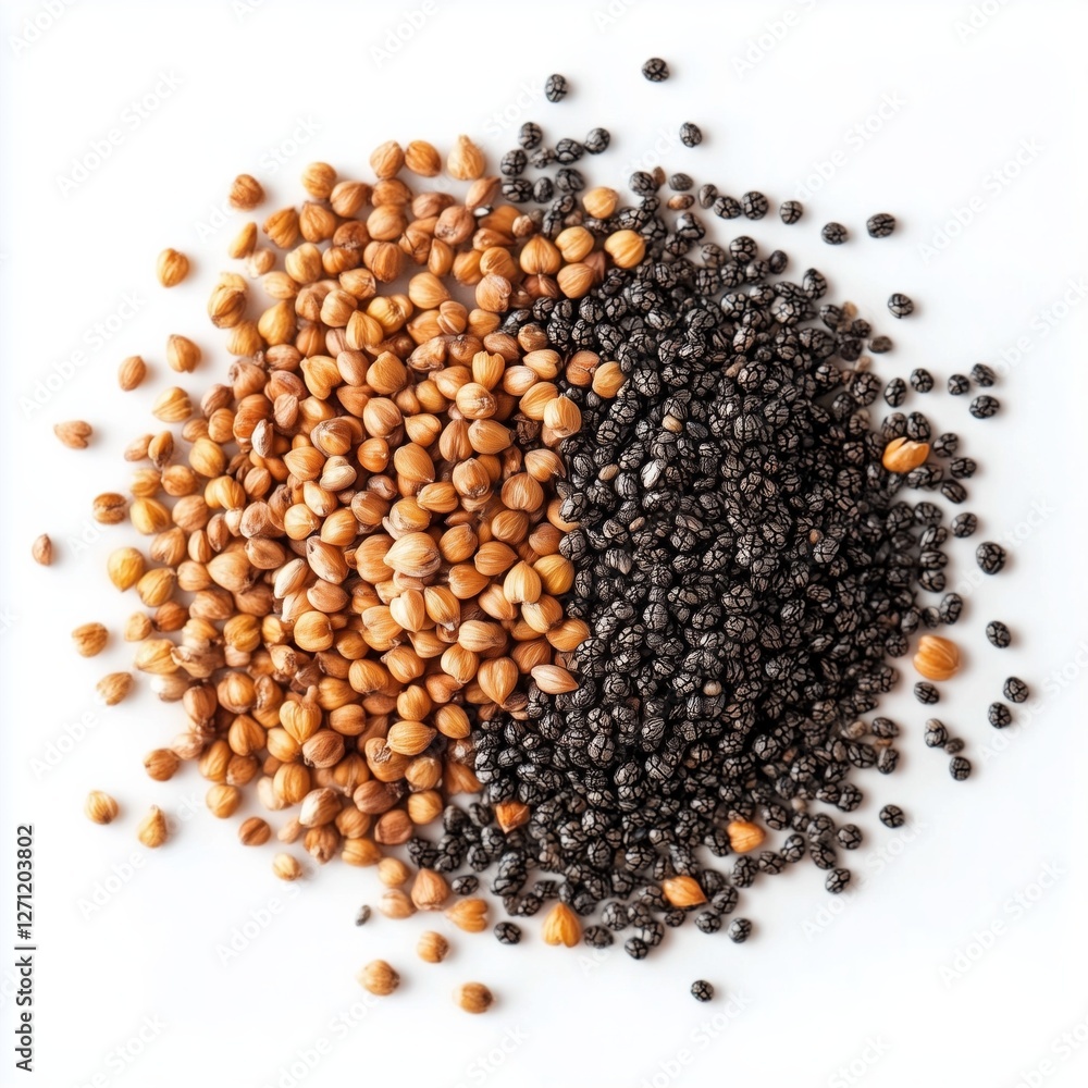 Chia and flax seeds on white background: nutritional powerhouses in contrast Chia and flax seeds on white background: nutritional powerhouses in contrast