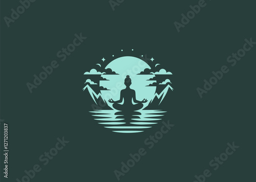 A peaceful meditation logo featuring a person sitting in nature, symbolizing tranquility, balance, and harmony.