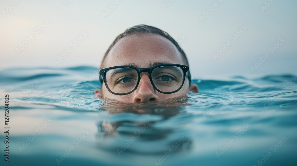 Naklejka premium Myopia prevention with a man wearing glasses swimming in a crystal-clear lake. Wellness, fitness, and eye protection