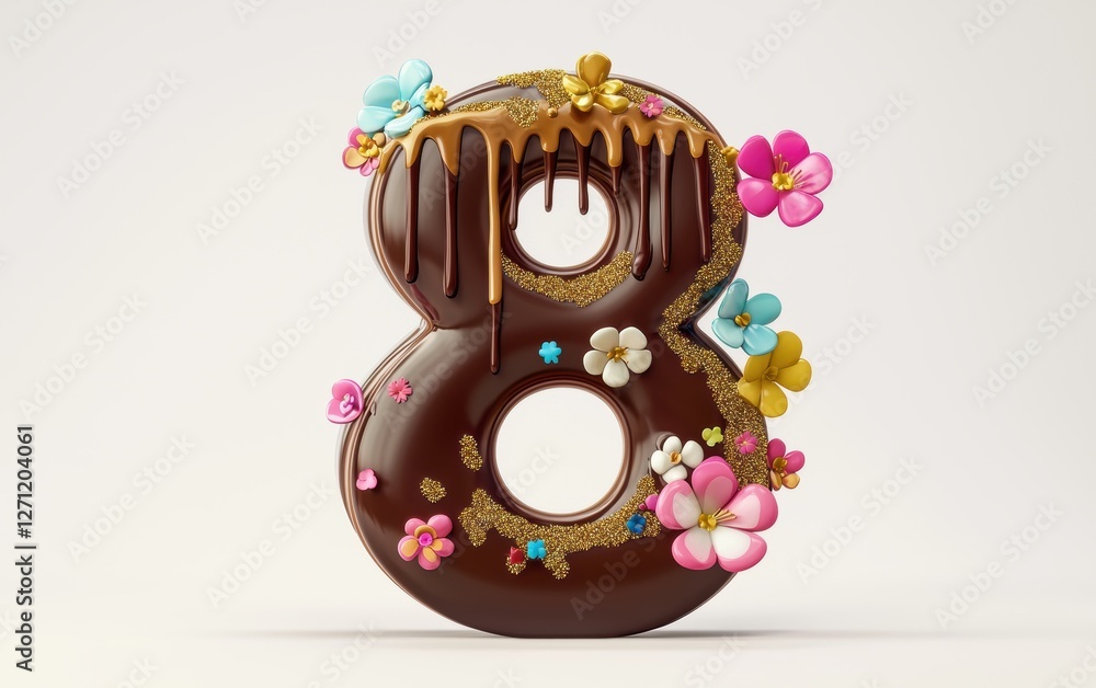 Playful number 8 with dripping rainbow chocolate, golden sparkles, and delicate floral accents on a clean white background for 8 March International Womens Day Playful number 8 with dripping rainbow chocolate, golden sparkles, and delicate floral accents on a clean white background for 8 March International Womens Day