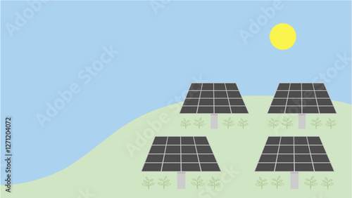 Simple illustration of solar panels on a grassy hill under a sunny sky, representing renewable energy and environmental sustainability