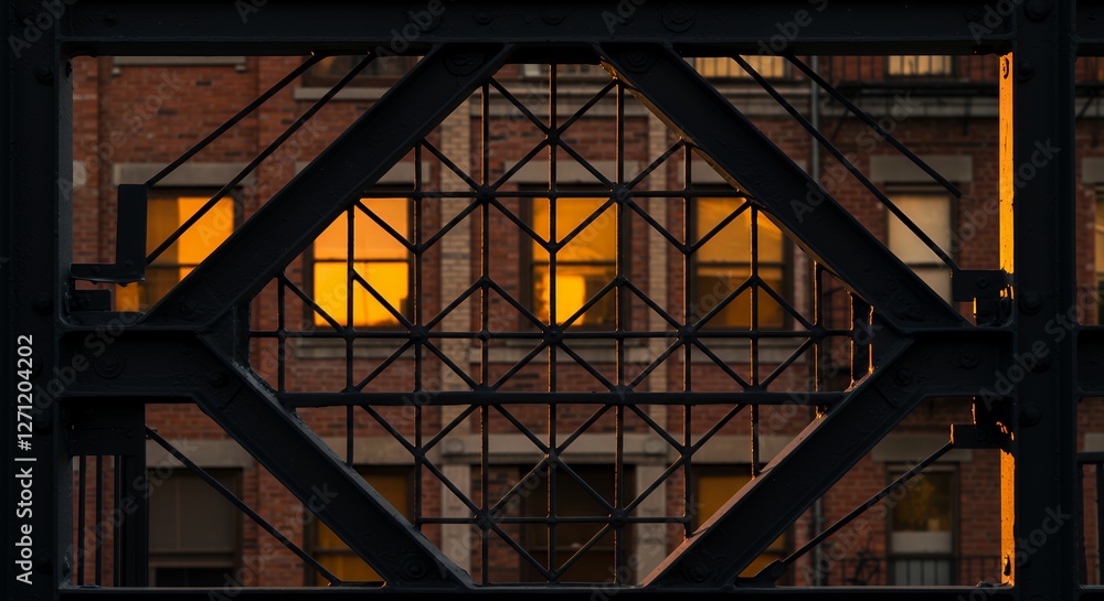 Fototapeta premium Building Facade Seen Through Bridge Grating with Window Reflections at Sunset