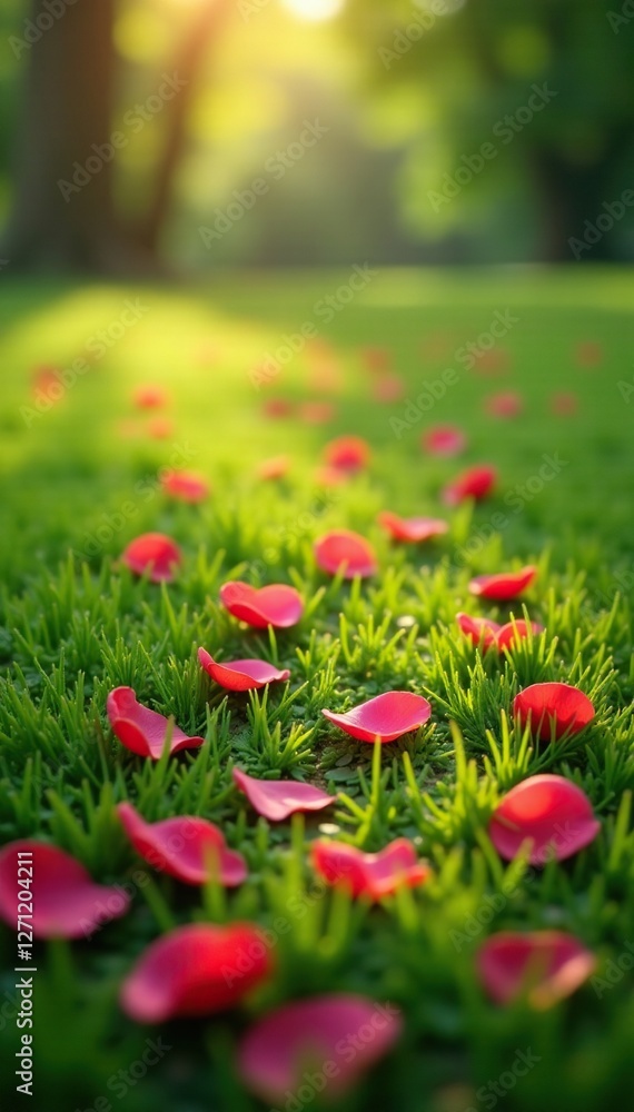 Softly falling rose petals on a lush green meadow, petals, flowers, serene Softly falling rose petals on a lush green meadow, petals, flowers, serene