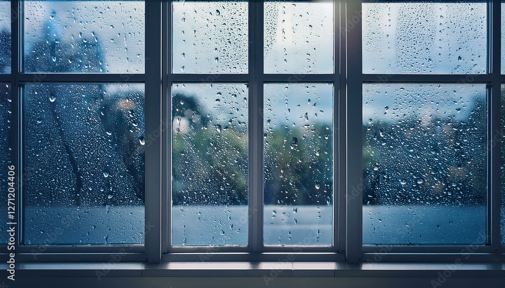 Fototapeta premium background with snowflakes, raindrops sliding down windowpane create a cozy atmosphere indoors by distorting view of outside world