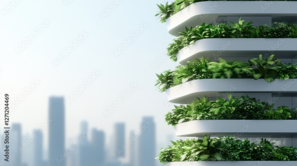 Obraz premium Modern building with lush green plants on its balconies against city skyline
