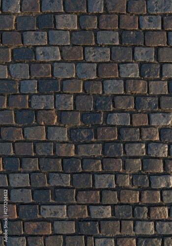 A realistic close-up of cobblestone street texture