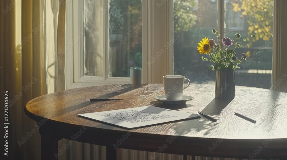 Fototapeta premium Sunlight Illuminates a Wooden Table with a Crossword Puzzle, Coffee Cup, and Flowers in a Cozy Room