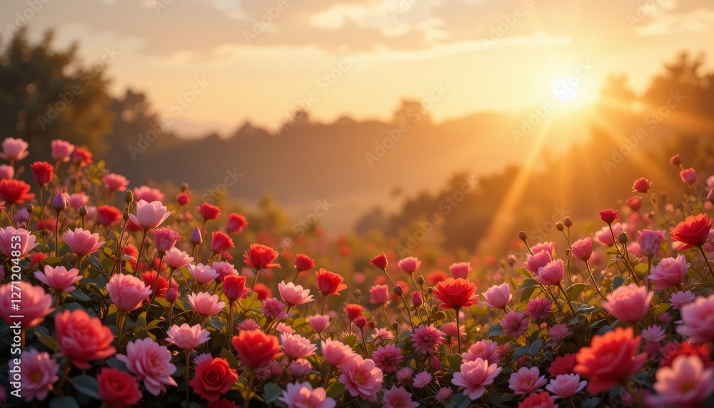 Obraz premium Pink And Red Roses Field At Sunset