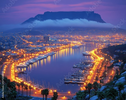 Stunning Aerial View of Cape Town at Dusk with Illuminated Waterfront, Table Mountain, and Scenic Harbor - Capturing South Africa's Urban and Natural Beauty