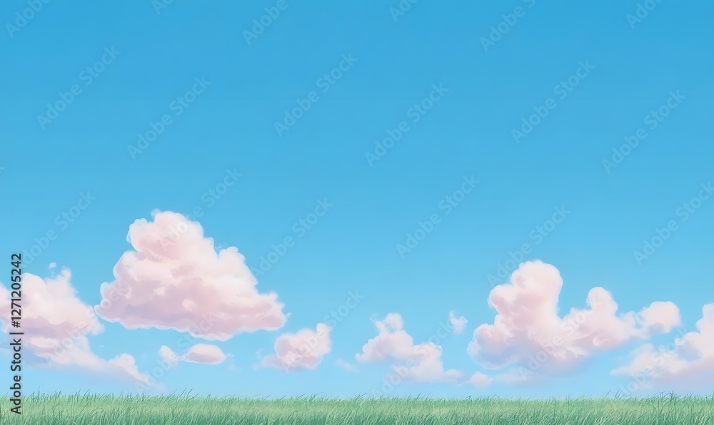 cartoon background, light blue sky, minimalistic green grass, fluffy clouds, Generative AI cartoon background, light blue sky, minimalistic green grass, fluffy clouds, Generative AI