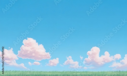 cartoon background, light blue sky, minimalistic green grass, fluffy clouds, Generative AI