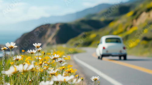 Vintage car drives along scenic road with wildflowers in bloom and mountains in background