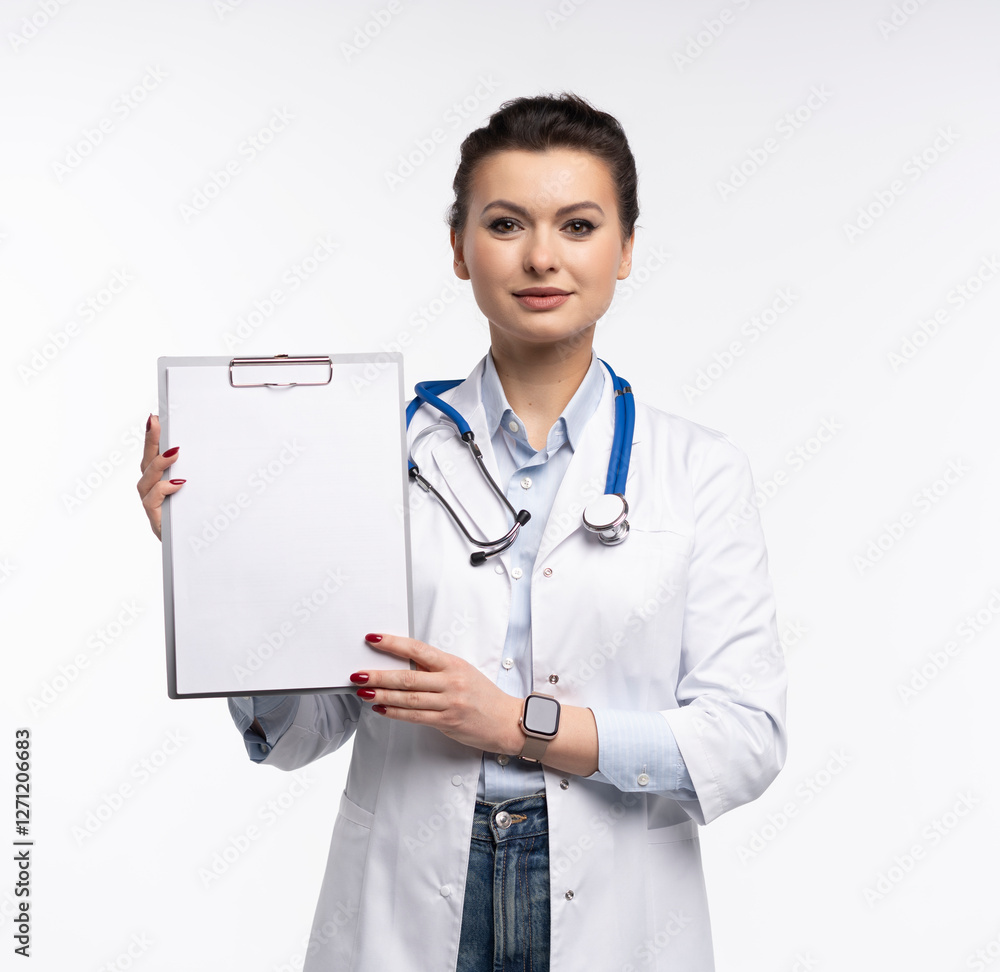 Friendly woman doctor in uniform holding clipboard, cheerful female therapist with stethoscope posing on white Friendly woman doctor in uniform holding clipboard, cheerful female therapist with stethoscope posing on white