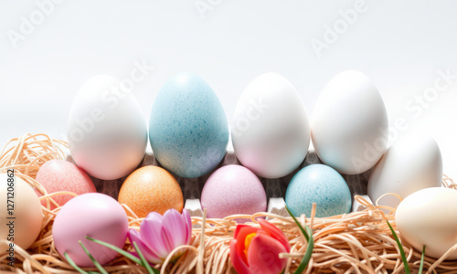 Colorful Easter eggs arranged in decorative nest with flowers, creating festive atmosphere. Perfect for spring celebrations and holiday decorations photo